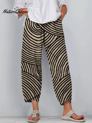 Women's Hand Drawn Round Line Printed Cotton And Linen Casual Pants