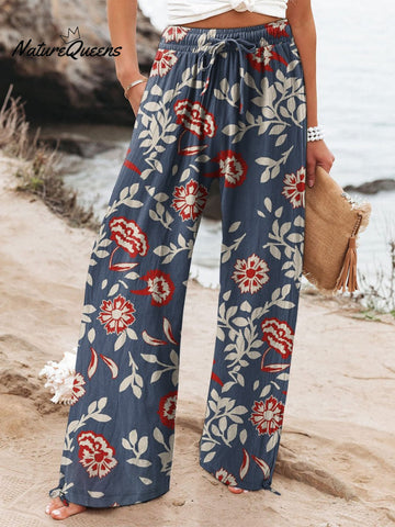 Women's  Floral  Art Printed Cotton And Linen Casual Pants