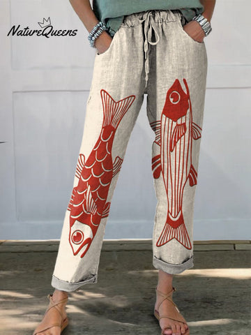 Women's Red Fish Vintage Art Printed 100%Cotton Casual Pants