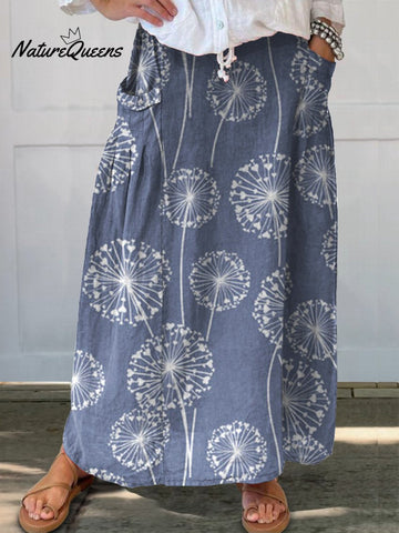 Women's  Dandelion Art Print  Linen Elastic waistband Pocket Skirt