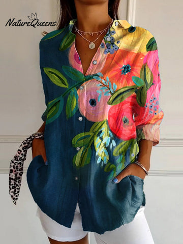 Women's  Floral Art  Print Casual Cotton Shirt