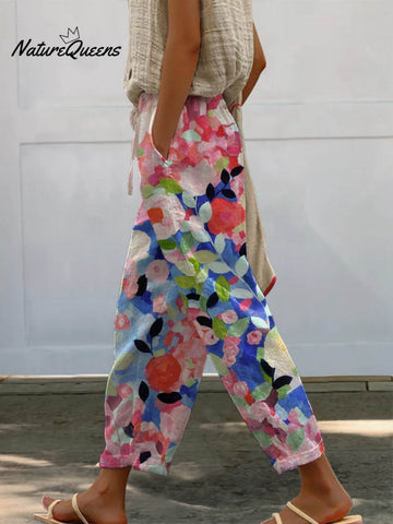 Women's Vintage Floral Art Printed 100%Cotton Casual Pants