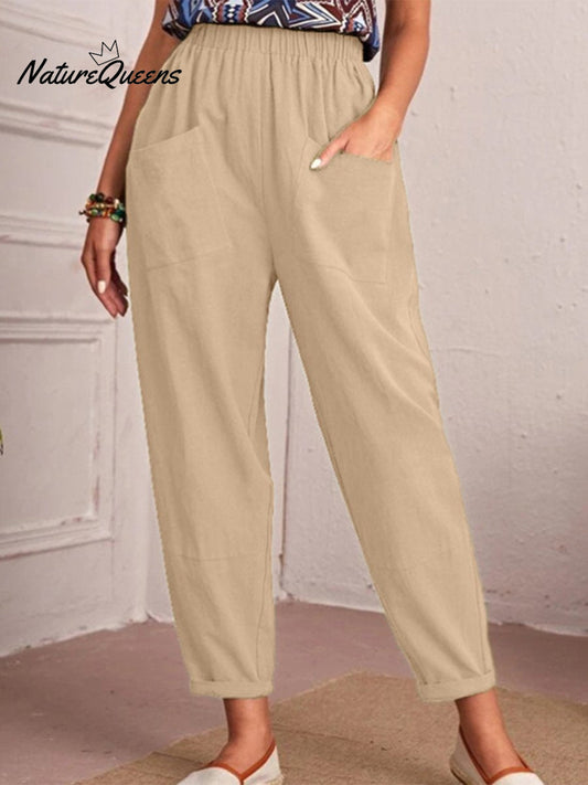 Cotton and Linen Elastic Waist Pocket Tapered Pants