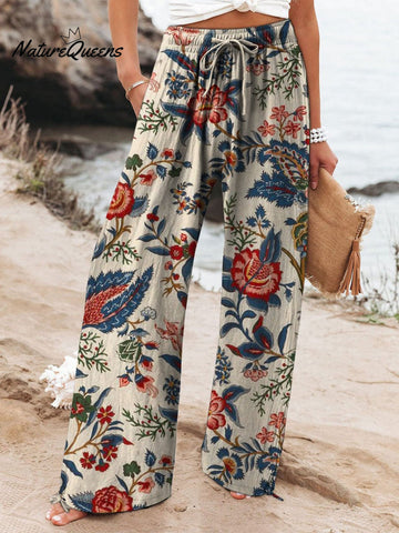 Women's Vintage Floral Art Printed Cotton And Linen Casual Pants