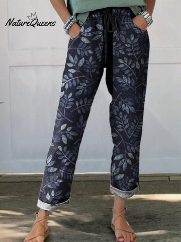 Women's Vintage Leaves Floral Printed Cotton And Linen Casual Pants