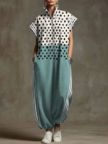 Women's Vintage Geometric Art Print Stand-collar Short-sleeved Casual Loose Cotton Wide-leg Jumpsuit