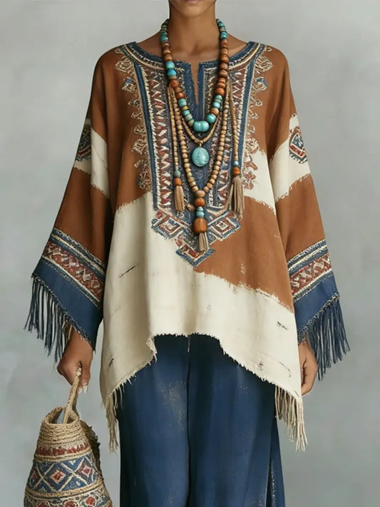 Women's Vintage Ethnic Pattern Art Print Casual Wide-leg Pants Two-piece Denim Suits