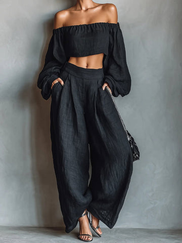 Off-the-shoulder Linen And Cotton Top And Trousers Two-piece Set