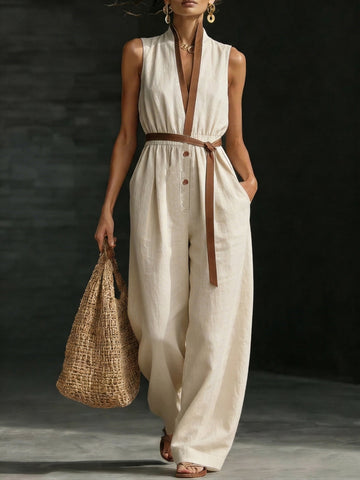 Stylish Elegant Contrasting Trim Stand-up Collar Jumpsuit