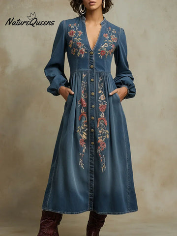 Women's Vintage Floral Denim Cotton Dress