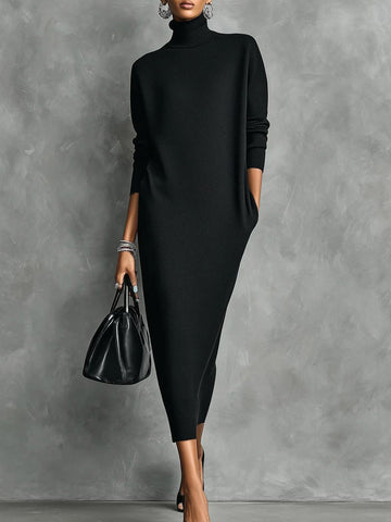 Women's Solid Color High-neck Long-sleeved Casual Loose Knit Dress