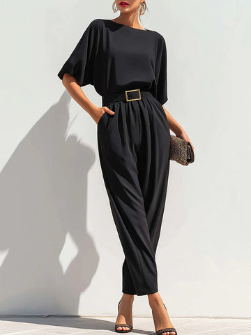 Women's Solid Color Round Neck Batwing Sleeve Casual Loose Jumpsuit