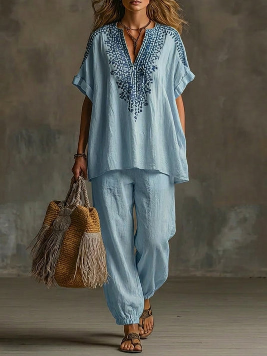 Casual Short-sleeved Linen And Cotton Top And Pants Two-piece Set
