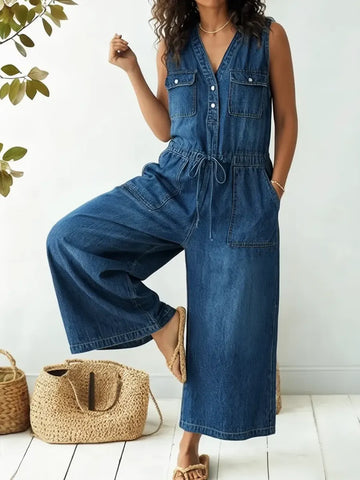 Women's Casual V-neck Belted Denim Jumpsuit