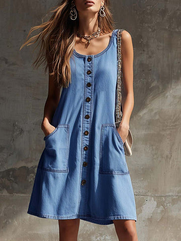 Women's Round Neck Sleeveless Casual Loose Denim Dress