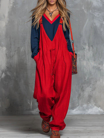Women's Color-block Patchwork Round Neck Long-sleeved Casual Loose Top And Cotton And Linen Suspender Wide-leg Jumpsuit Set.
