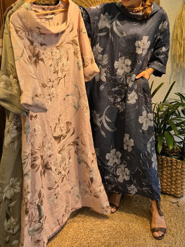 Loose And Comfortable Floral Print Linen And Cotton Dress