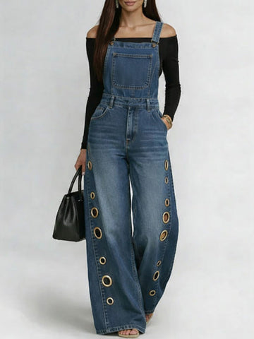 Women's Casual Loose Denim Overalls Wide-leg Jumpsuit