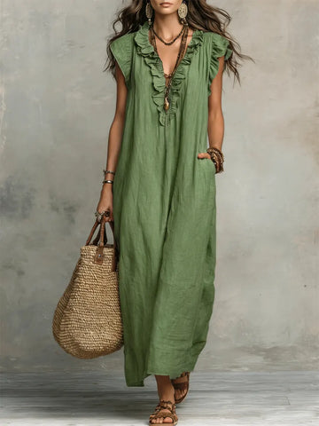 Women's Ruffled Cotton Linen Casual Dress – Relaxed Vintage Summer Style