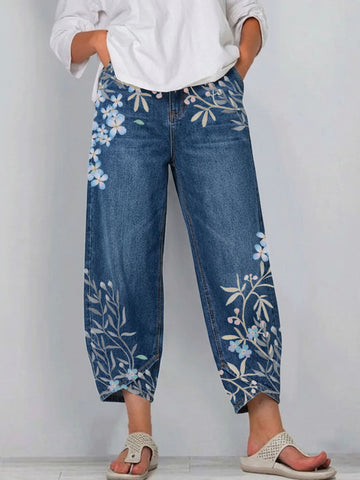 Women's Artistic Flowers Print Casual Cotton Denim Pants