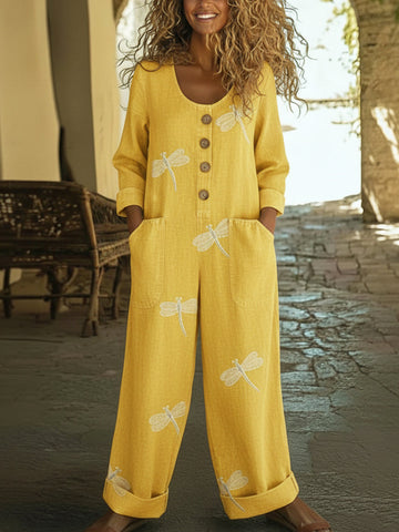 Flying Dragonflies Linen-cotton Jumpsuit