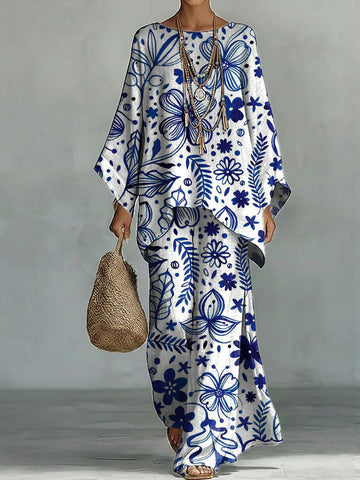 Women's Floral Print Linen Cotton Top And Wide-leg Pants Two-piece Set.