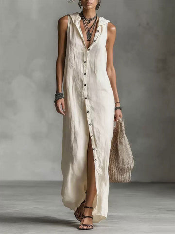 Women's Retro Hooded Solid Color Long-sleeved Cotton Linen Dress