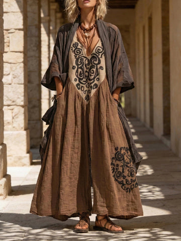 Boho Loose Jumpsuit And Cardigan Linen Cotton Two-piece Set