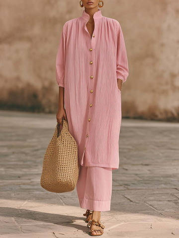 Elegant Metal Button Longline Shirt And Pants Set