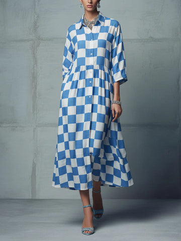Women's Plaid Print Shirt Collar 3/4 Sleeve Casual Loose Cotton Linen Dress