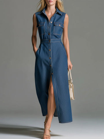 Women's Shirt Collar Sleeveless Loose Casual Denim Dress