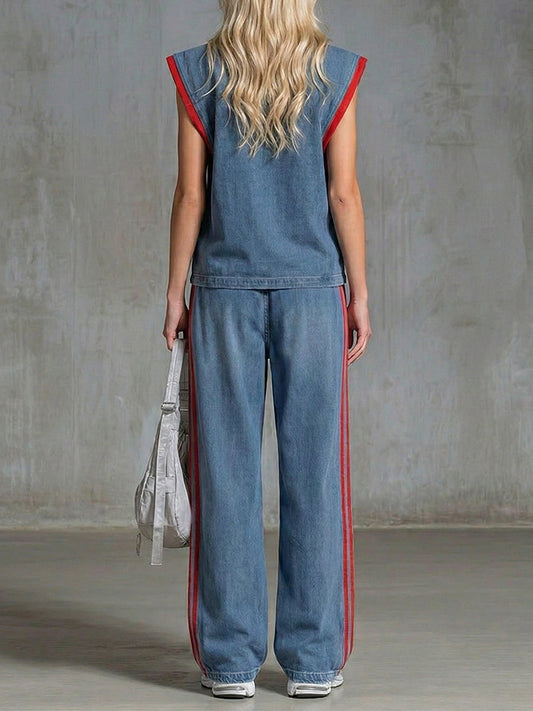Casual Half-zip Sleeveless Denim Top And Pants Two-piece Set