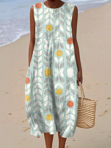 Women's Vintage Flower Art Print Sleeveless Cotton Pocket Wrap Dress