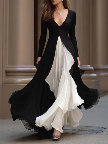 Women's Elegant Simple Color Block Long Sleeve Dress
