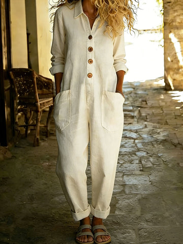 Women's Shirt Collar Long-sleeved Loose-fitting Cotton And Linen Jumpsuit