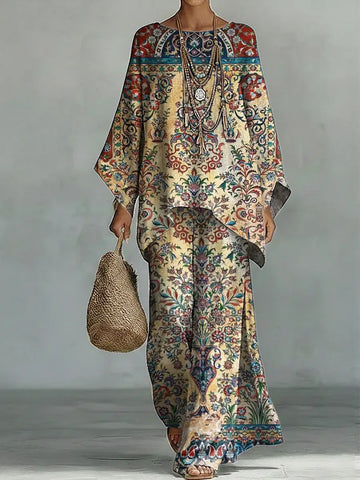 Women's Vintage Ethnic Art Comfortable Loose Cotton Linen Wide-leg Pants Two-piece Set