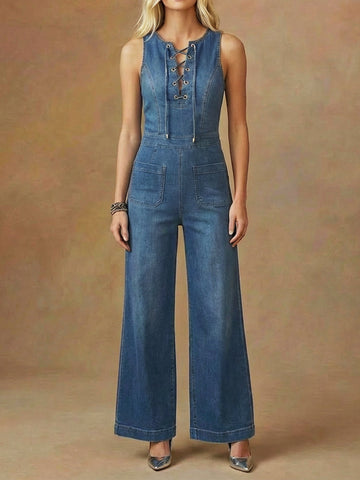 Women's Sleeveless Denim Jumpsuit With Tie-neck Detail