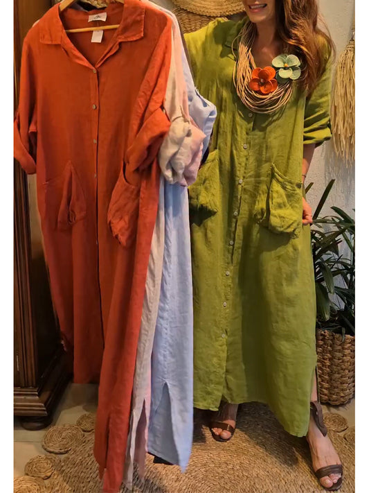 Casual Loose-fitting Linen And Cotton Long Dress