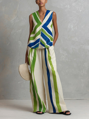 Fashionable Art Striped Sleeveless Linen And Cotton Top And Pants Two-piece Set