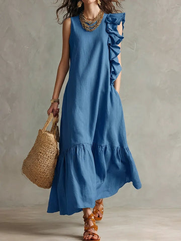Women's Solid Color Ruffled Art Casual Fashion Cozy Cotton Linen Dress