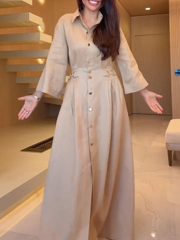 Casual Linen And Cotton Maxi Shirt Dress
