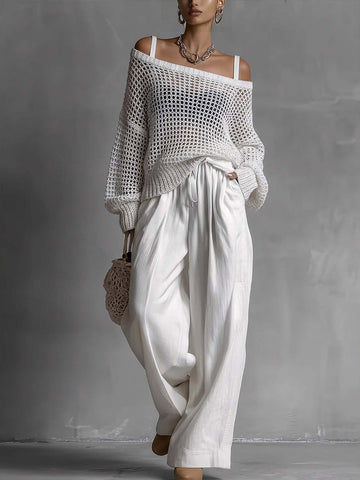 Women's Cozy Openwork Knit Top And Linen-cotton Pants Two-piece Set.