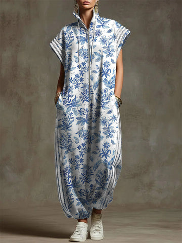 Women's Vintage Flower Art Print Stand-collar Short-sleeved Casual Loose Cotton Wide-leg Jumpsuit