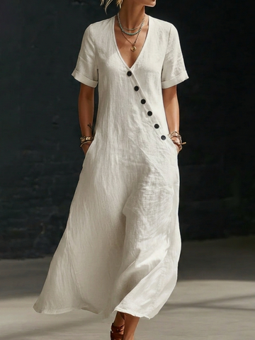 Cozy Minimalist Button-up Loose Linen Cotton Dress