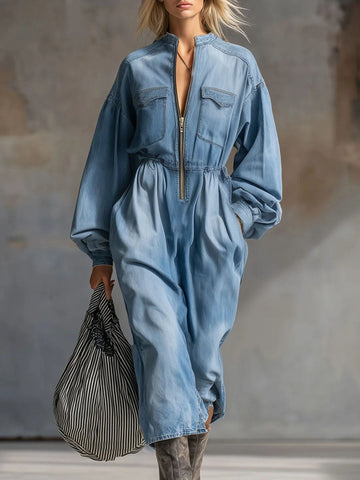 Women's Stand-collar Long-sleeved Casual Loose Denim Dress