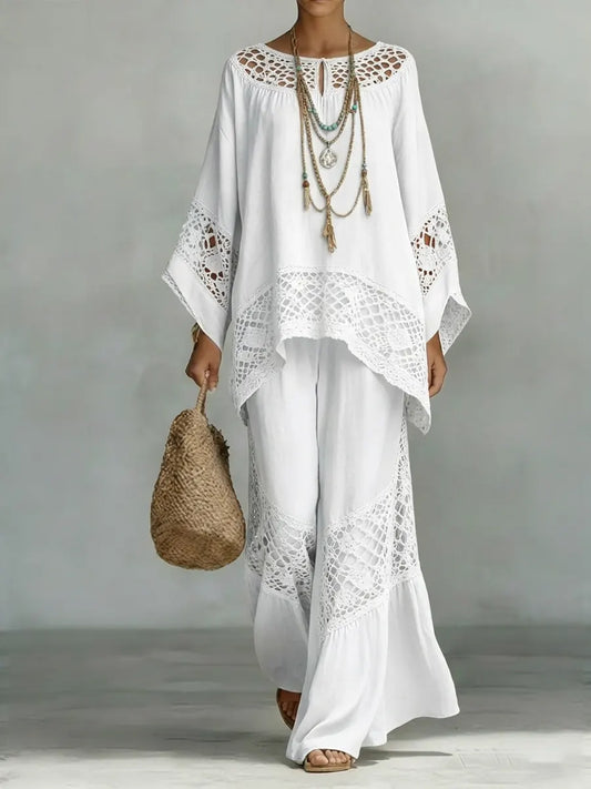 Women's Vintage Ethnic Art Comfortable Loose Cotton Linen Wide-leg Pants Two-piece Set