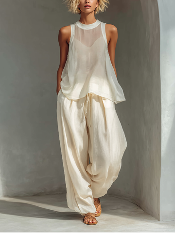 Women's Flowy Sleeveless Round Neck Top And Loose Pants Two-piece Set