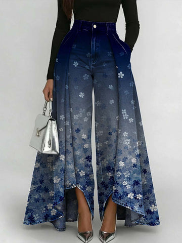 Women's Retro Flower Art Print Casual High-waist Loose Jeans