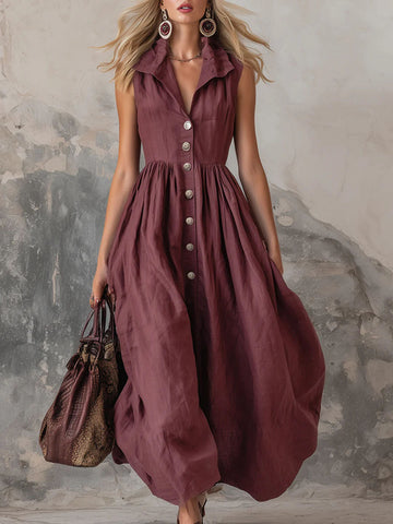Women's Solid Color Lapel Sleeveless Casual Loose Cotton Dress