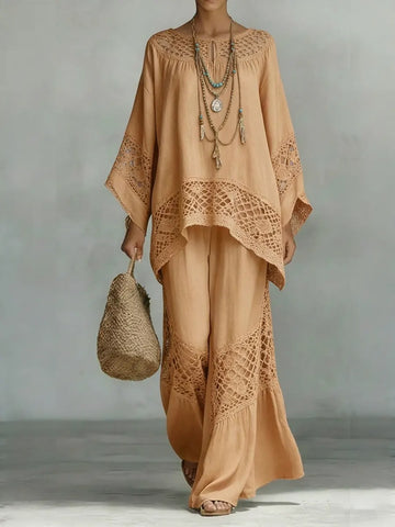 Women's Vintage Ethnic Art Comfortable Loose Cotton Linen Wide-leg Pants Two-piece Set